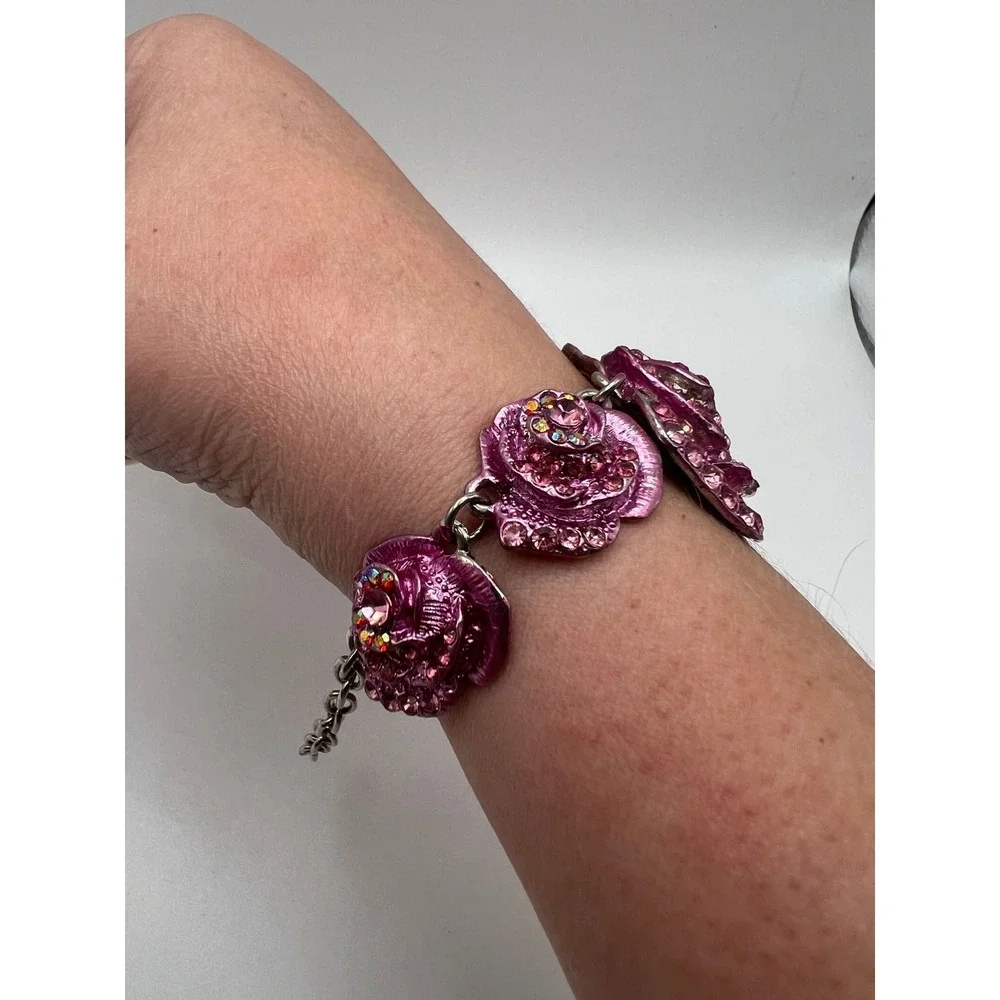 Pink Shimmery 3D Metal Flower Link Bracelet Y2K Coquette Boho Pink Metal